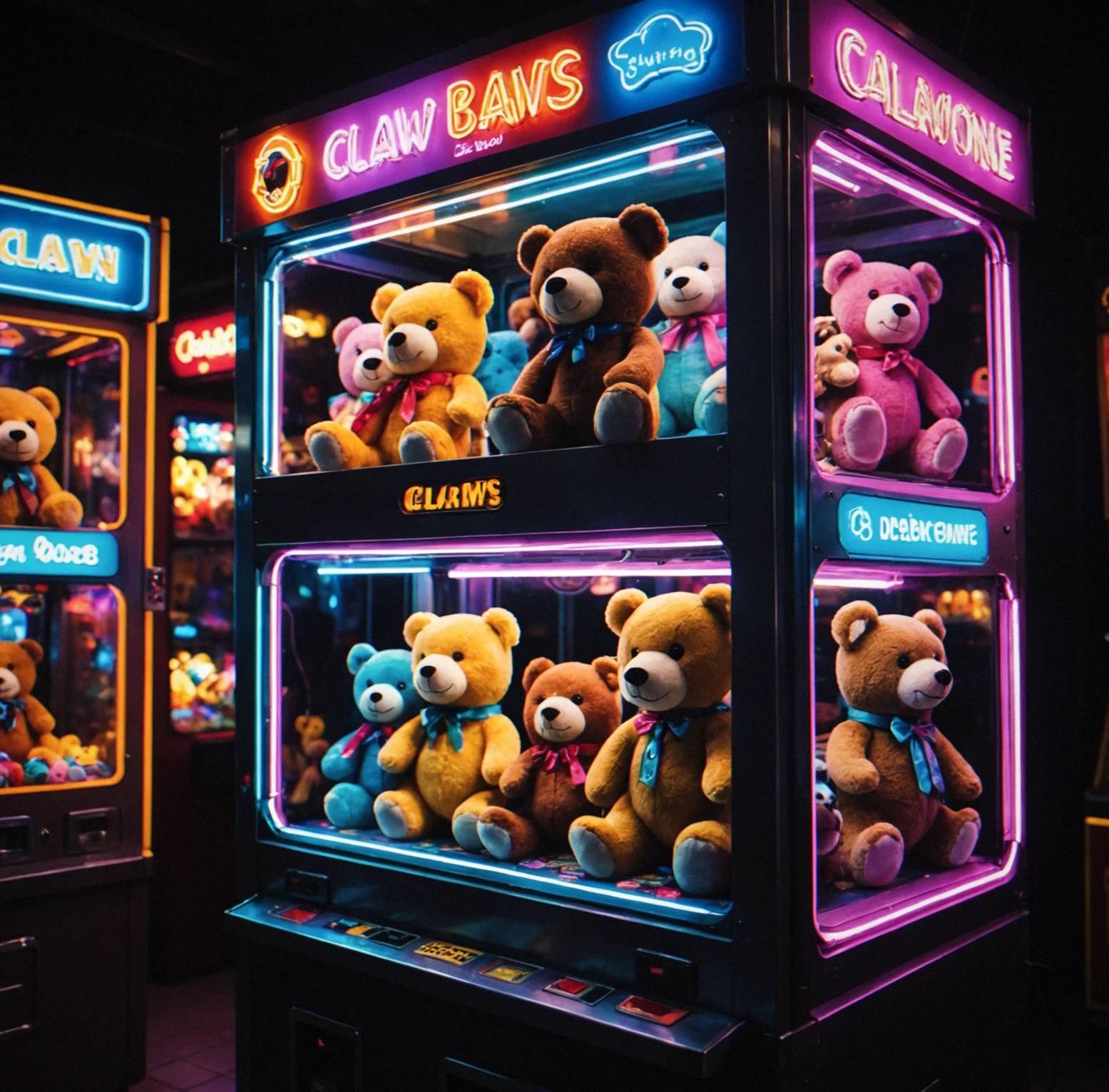 Mekan içinde çalışan claw makinesi, peluş ödülleri ile dolu.