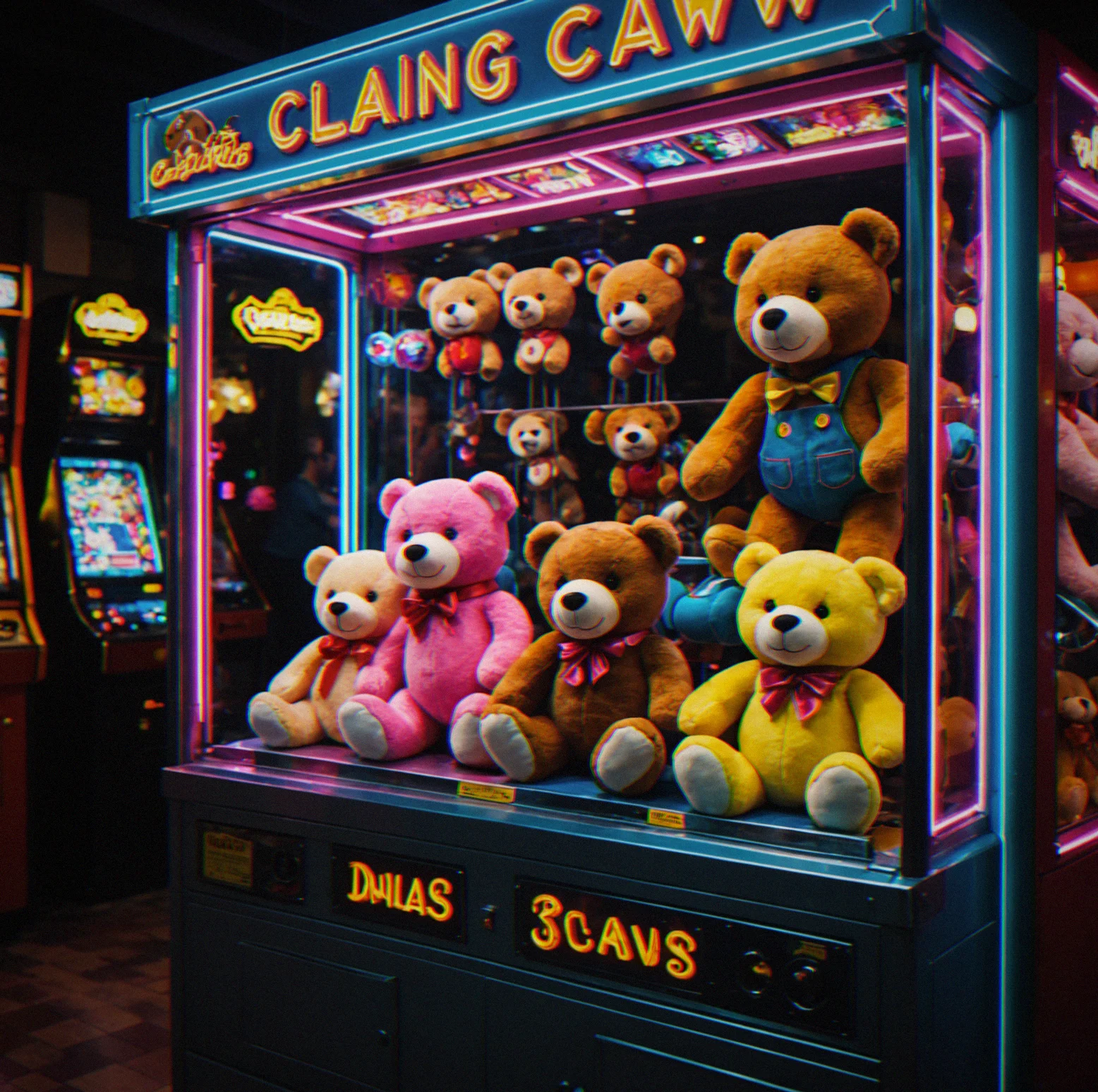 Mekan içinde çalışan claw makinesi, peluş ödülleri ile dolu.