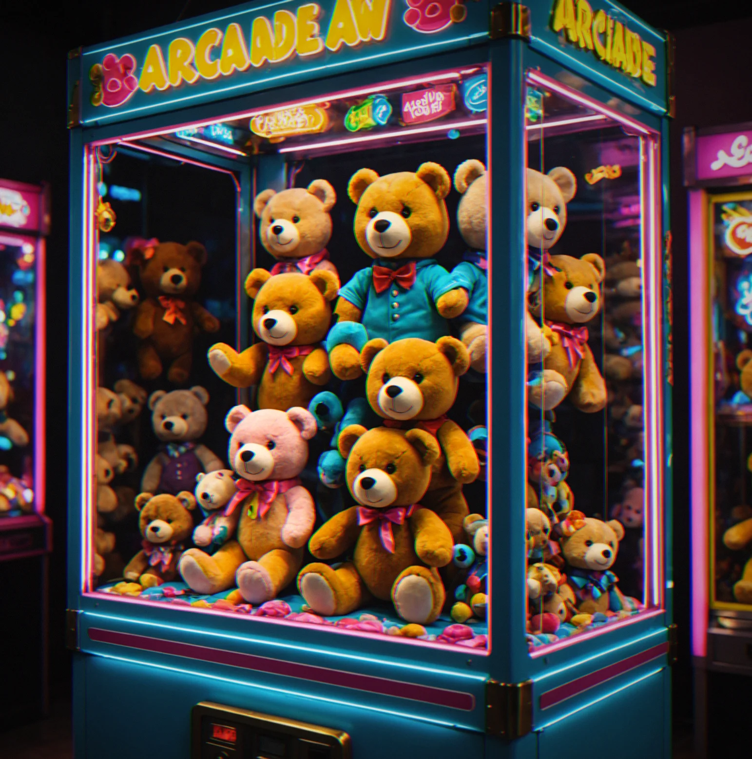 Mekan içinde çalışan arcaade claw makinesi, peluş ödülleri ile dolu.